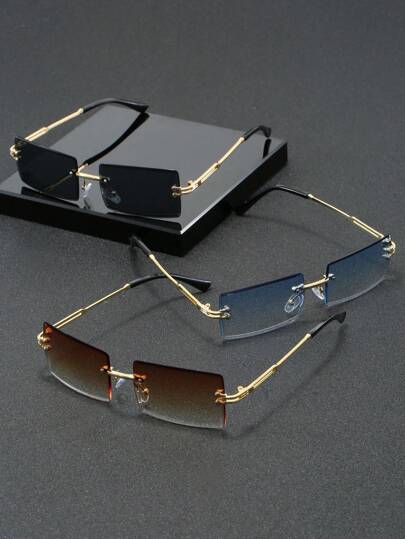 3-Pack Unisex Rectangular Frameless Metal Fashion Glasses, High-Fashion Stylish Glasses Suitable For Outfits, Social Gatherings, Street Photography And Outdoor Travel
