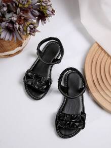 儿童鞋女童2025夏季新款时尚一体式圆头漏趾平底防滑一脚蹬休闲沙滩凉鞋 - 黑色 - 查看 7