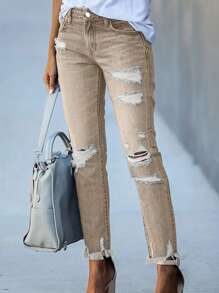 Women's Retro High Waisted Elastic Ripped Jeans, Five Pocket Design, Casual Denim Cropped Pants - Khaki - View 6
