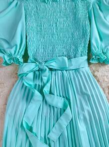 Pleated Midi Dress With Elastex Waist - 水鴨藍 - 查看 3