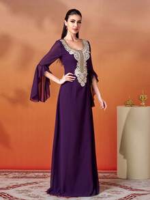 Women Square Neck Long Sleeve Slit Embroidered Maxi Dress,Party Dress,Gown,Formal,Evening,Wedding Guest - Purple - View 4