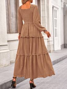 Valentine's Day  Women's Long-Sleeved Floor-Length Dress Casual Square Collar Layered Pleats Flowy Pocket Wedding Guest Dress