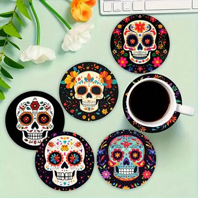 1套/4件/6件骷髅花硅藻泥杯垫套装-马克杯杯垫隔热垫、可洗餐垫、防烫防滑桌垫、汽车杯垫，非常适合家庭、咖啡厅、办公室、厨房、下午茶时间、主题派对装饰、精美礼品