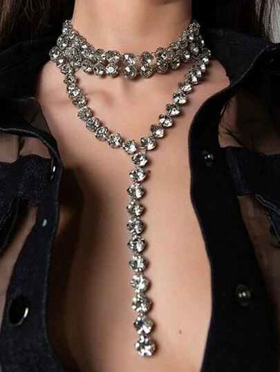 STONEFANS 1 件时尚多层水晶项链，欧美风格长款几何颈链