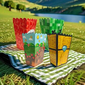 12pcs Unique Pattern Popcorn Boxes, 4 Styles For Birthday Party Decoration, Snack Boxes Suitable For Birthday Party And Family Gathering