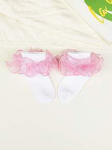 1 双女孩纯色荷叶边装饰可爱休闲短袜 - 粉色 - 查看 4