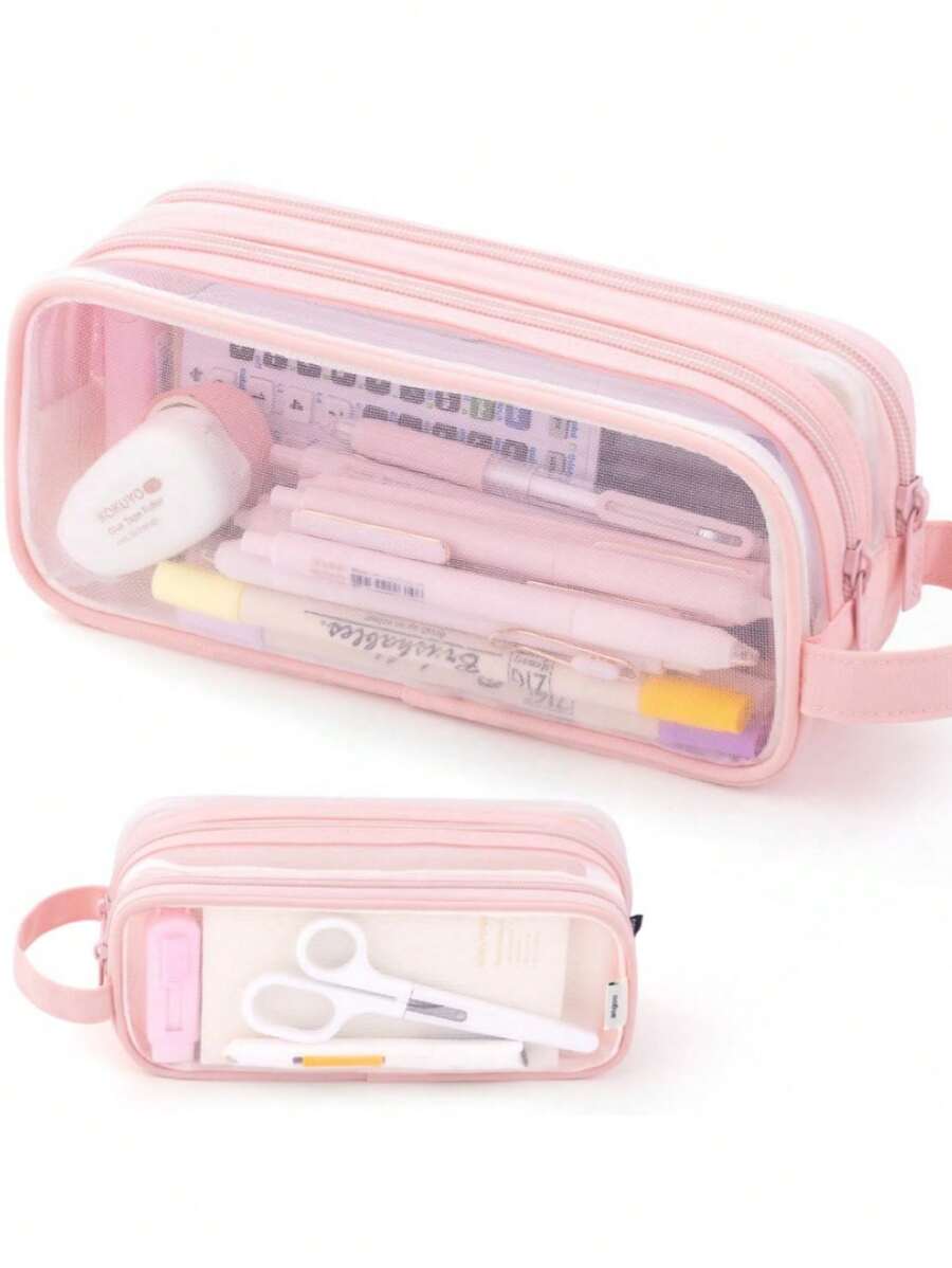 Large Grid Double Layer Transparent Handheld Multi-Functional Pencil Case, Transparent Cosmetic Bag, Fashionable High Capacity 12-Layer Pencil Box, Flip-Top Design For Easy Access, Student Stationery Storage Bag, Suitable For Teenagers, Students, College Students, Business People, Travelers, Office Workers, Adults, Back-To-School/Birthday Gift, Desktop Organizer, Pencil Box, Pen Holder, Plush Pencil Case, Cute Pencil Box, Office Desk Organizer, Material, Marker Pen Storage Box - Multicolor - View 1