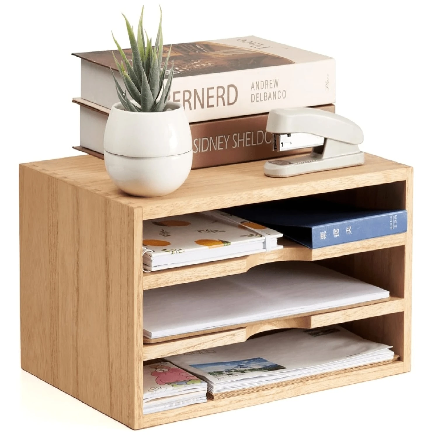 Wooden Desktop Organizer Paper Storage Letter Tray File Sorter - Desk ...