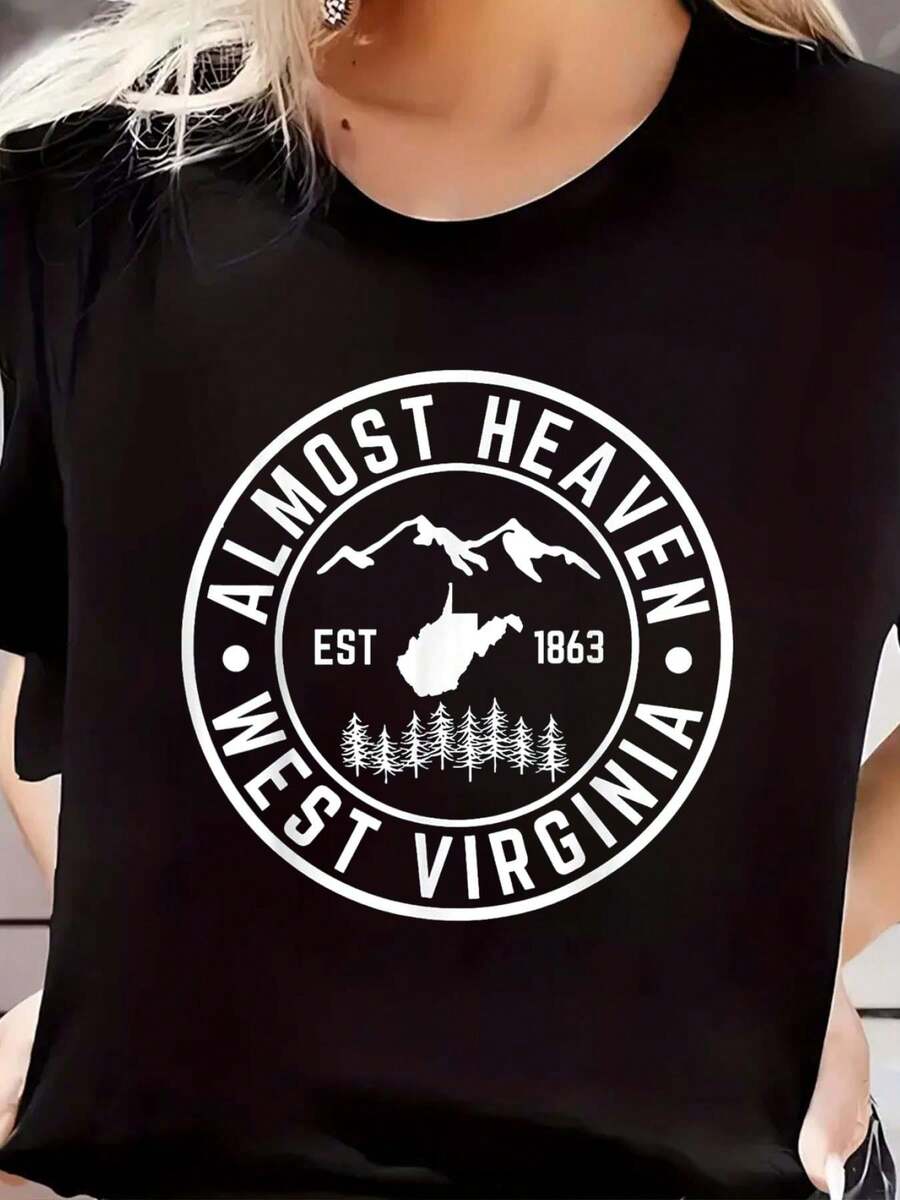 West Virginia Almost Heaven State Map WV Home Mountain 304 T-Shirt Print Women Short Sleeve Round Neck 100% Cotton T-Shirt - 黑色 - 查看 1