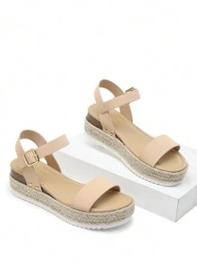 Women's Platform Sandals Open Toes, Espadrille One-Strap Comfortable And Versatile Ankle Straps, Summer Vacation Commuting Wedge Sandals - 裸色 - 查看 3