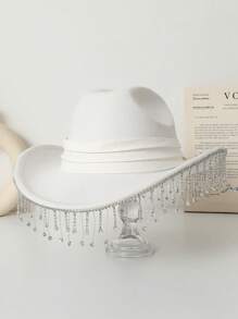 1 pièce Chapeau de cowgirl occidental fait main avec perles et franges de couleur unie pour femmes, chapeau décontracté de voyage pour festival, fête, scène, concert de musique, mariage de la mariée