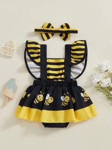 Monos de verano para niñas con estampado de abeja, mariquita, vaca y elefante, con dobladillo y mangas abullonadas y diadema - Amarillo - Ver 2