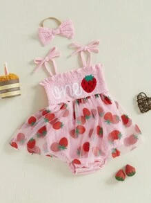 Baby Girl First Birthday Outfit Summer Sleeveless Smocked Fairy Berry One Romper Tulle Dress Baby Girl 1st Birthday Clothes One Year Old Tulle Romper Sleeveless Bodysuit Cake Smash Outfits + Headband - 粉色 - 查看 2