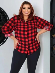 Plus Size Viscose Plaid Shirt. - 紅色 - 查看 1