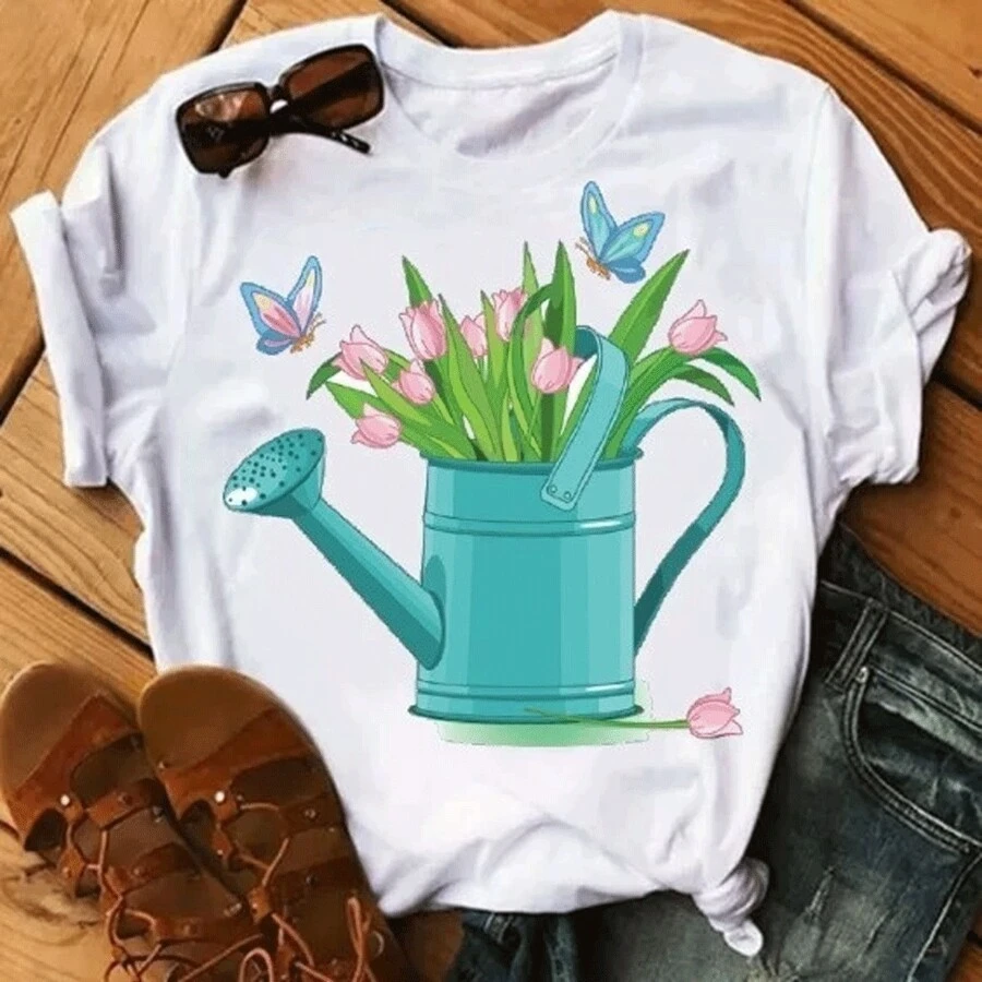 T-shirt blusa camiseta feminina estampa  Babylook  Regador de flores - Branco - Visão 1