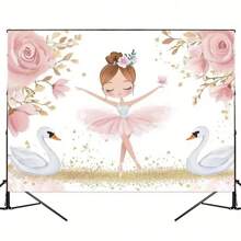 1pc Classic Pink Ballerina Birthday Backdrop, Polyester Floor Stand, Multipurpose, Powered-Free, Elegant Candle & Gift Design, Suitable For Photography Studio