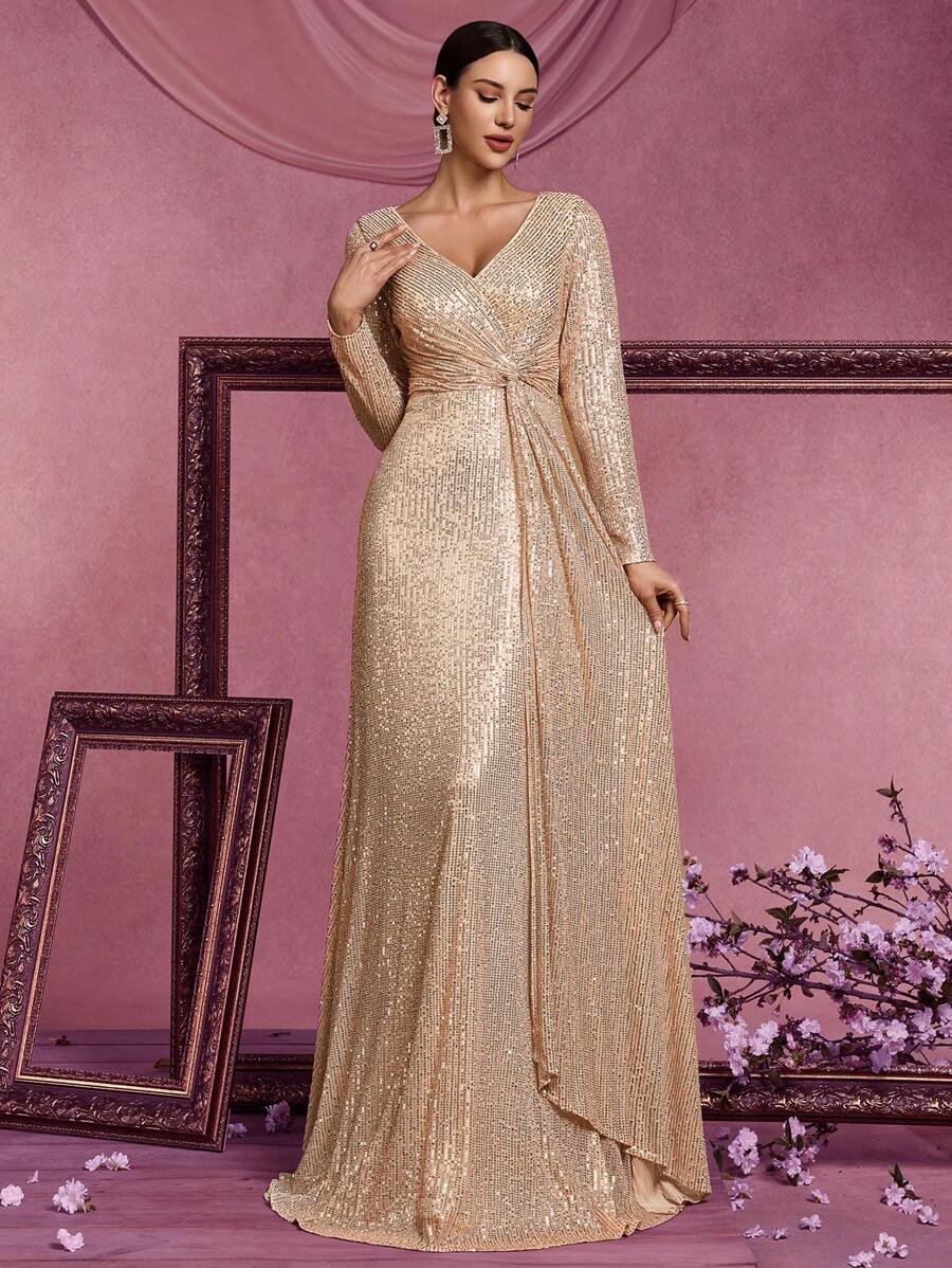 Summer High Quality Elastic Sequin V-Neck Long Sleeves With Slim Fit And A Line Hem Design, Solid Color Elegant And Luxurious Long Dress For Women, Making Women Younger And More Charming, Suitable For Various Parties, Graduations, Weddings, Events And Various Banquets And Dancing Parties, Formal Ball Gown For Women, (Deluxe Edition) Party Dress Wedding Guest Dress Evening Dress - Rượu sâm banh - Xem 1