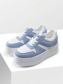 Women's Platform High Heel Fashion Sneakers – Lightweight, Stylish, And Classic Lace-Up Casual Walking Shoes - Xanh và trắng - Xem 5