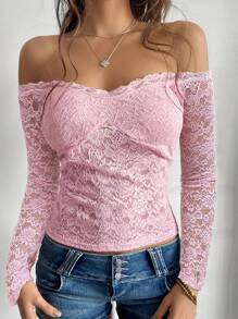 GAOVOT Women's Autumn Y2K Sexy Fitted One Shoulder Long Sleeve Lace Blouse - Pink - View 7