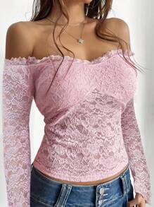 GAOVOT Women's Autumn Y2K Sexy Fitted One Shoulder Long Sleeve Lace Blouse - Pink - View 8