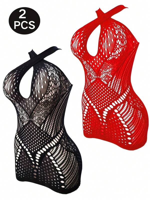 2 pièces Ensemble robe moulante en dentelle et filet sexy pour femmes, body en dentelle rouge, robe-cache-maillot mini échancrée en filet, ensemble de lingerie sexy noire, costume de fantaisie pour adulte, tissu jacquard extensible tricoté, tenue de soirée, cadeau de la Saint-Valentin