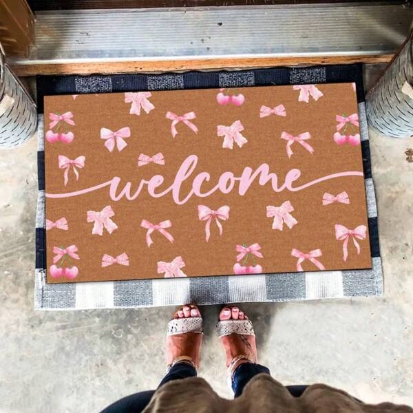 Welcome Pink Bow Doormat, Watercolor Pinky Bow Welcome Doormat, Watercolor Bow Lover Gift, Front Door Mat, Pink Bow Ribbon Minimalist Doormat 24X16in
