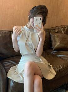 Sleeveless Halter Crop Tank Top And Ruffle Hem Mini Skirt Elegant 2 Pieces Set For Summer - Apricot Two Piece Set - View 5