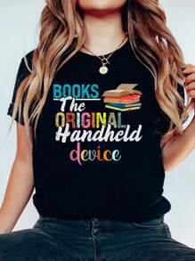 Books The Original Handheld Device Book Librarian T-Shirt Print Cotton T-Shirt For Summer, Women's Soft Short Sleeve Top, Stylish Comfy Tee For Women Graphic Tees