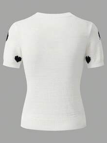 女士针织心形印花短袖上衣，甜美时尚设计，黑色，适合夏季