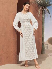 QIANZHIDU Vrouwen Elegante Arabische Stijl Jacquard Lange Mouw Jurk