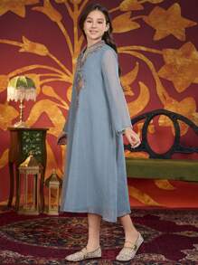 Tween Girls Middle East Arabic Indonesian Embroidered Dress - Green - View 6