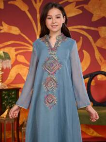Tween Girls Middle East Arabic Indonesian Embroidered Dress - Green - View 7