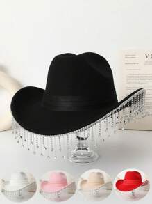 1 pièce Chapeau de cowgirl occidental fait main avec perles et franges de couleur unie pour femmes, chapeau décontracté de voyage pour festival, fête, scène, concert de musique, mariage de la mariée