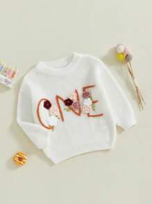 Baby Girl Birthday Sweater Floral Letter Embroidery Long Sleeve Round Neck Knitwear Pullover