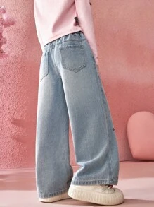 ASK JUNIOR 女童儿童休闲刺绣碎花阔腿牛仔裤