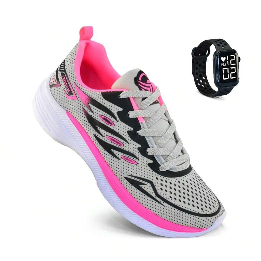 Women's Tennis Shoes + Watch + Socks Gym Walking Running Training Work Light Soft Comfortable - 灰色-PTO-粉紅色 - 查看 1