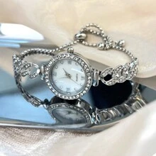 1pc Cute Fashion Women's Bracelet Watch, Simple Round Dial, Diamond Water Ripple Pattern, Alloy Quartz Watch, Suitable For Daily Wear, Birthday, Anniversary, Year-End, Cyber Monday, Halloween And Other Holiday Gifts. Gift Box Not Included. - White - View 1