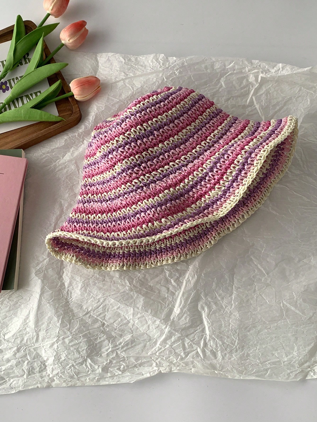 Rainbow Striped Straw Bucket Hat