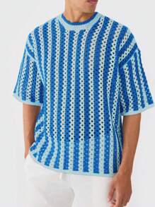 Casual Hollow Out Striped Knit Top, Unisex Loose Fit Lightweight Pullover Sweater, Spring/Summer/Autumn - Blue - View 2