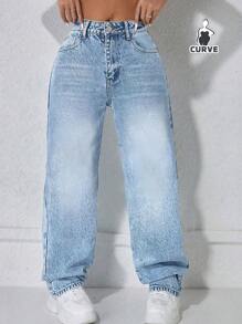 大码女式休闲宽松直筒牛仔裤 春季款 - 淺色水洗藍 - 查看 1