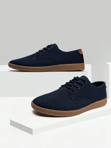 Men Canvas Shoe Lace Up Flat Shoes Casual Loafers Workout Breathable Business Dress Shoes Fashion Waling Sneakers Dark_Blue - Navy Blue - View 3