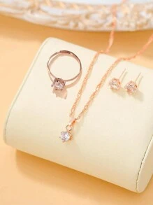 6 件/套优雅奢华青少年水钻装饰石英表和水钻首饰套装项链、手链、耳环、戒指，奢华优雅，闪闪发光，送给朋友、派对假期感恩节、返校的礼物 - 玫瑰金 - 查看 5