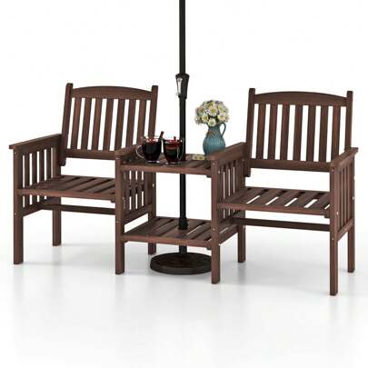 3 PCS Patio Furniture Set Outdoor Fir Wood Loveseat With 2-Tier Side Table & 5 Cm Umbrella Hole