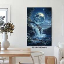 Framed Moonlight Waterfall Canvas Print,  Magical Nature Scene With Crystal Ball,  Fantasy Landscape With Ocean And Flowers, Home Decor