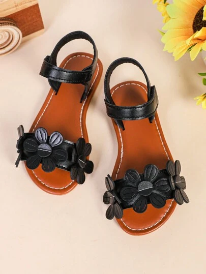1 Pair Black Soft Leather Toddler Girls' Flat Sandals With Floral Decor, Strap Hook And Loop Closure, Round Toe, Non-Slip Sole, Fashion Princess Style, Suitable For 3-12 Years Old Girls, Daily, Beach, School, Holiday Wear, Spring/Summer 2026