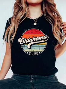 Retro Oklahoma Home State OK Cool 70s Style Sunset T-Shirt Print Cotton T Shirt For Summer, Women's Soft Short Sleeve Top, Stylish Comfy Tee For Women Graphic Tees