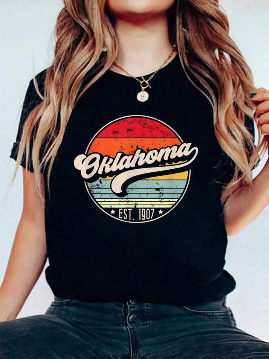 Retro Oklahoma Home State OK Cool 70s Style Sunset T-Shirt Print Cotton T Shirt For Summer, Women's Soft Short Sleeve Top, Stylish Comfy Tee For Women Graphic Tees