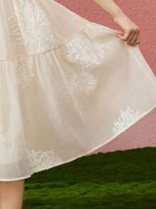 ASK JUNIOR 女童连衣裙，2025 花卉无袖中长款 A 字型甜美公主裙，夏季 - 米色 - 查看 11