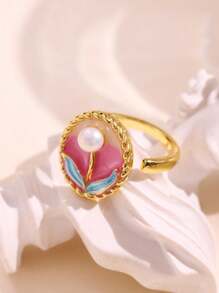 1 件复古珍珠花滴油开口戒指精致优雅珐琅郁金香向日葵郁金香彩色绘画设计女士饰品 - 多色 - 查看 9