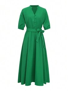 女士夏季薄款纯色休闲 V 领弹力连体裤袖口松紧带优雅度假长裙 - 綠色 - 查看 1